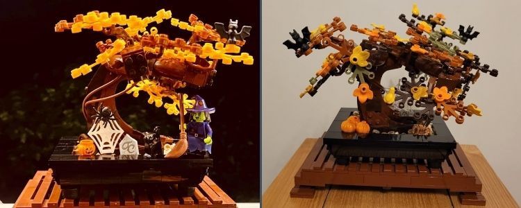 Image is a collage showing two themed bonsai trees side by side. The one on the left is Halloween themed while the one on the right is more autumn rather than scary. 