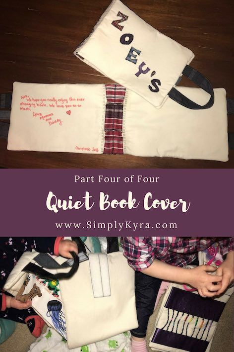 Pinterest image showing the quiet book cover at the the top and the kids holding it at the bottom.