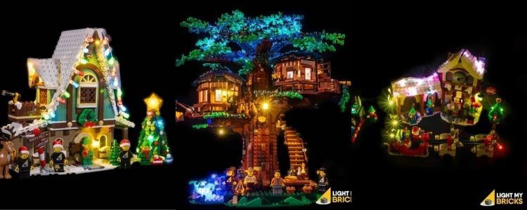Image is a collage of three images taken from the Light my Bricks website showing a lit up LEGO® kit against a black background. The two right images show their logo on the lower right corner while the Elf Club House on the left was trimmed off to showcase the lit Christmas lights and tree. 