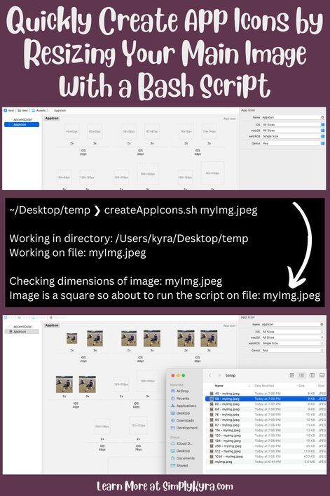 Pinterest geared image showing the post's title, my main URL, two images showing XCode's before and after (with an arrow), and the terminal input and output of my script.