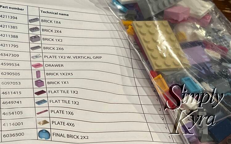Image shows the list of bricks including part number, image, technical name, and quantity. Next to it sits the bag of bricks. 