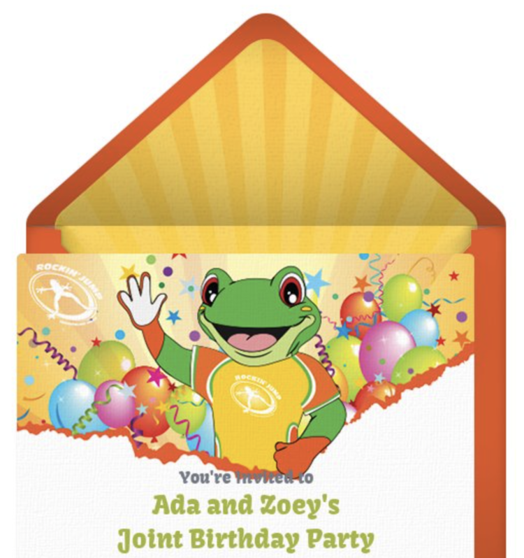 Screenshot shows the top of an invitation with the Rockin Jump frog and logo on the card paired with an orange envelop with matching yellow insert. 
