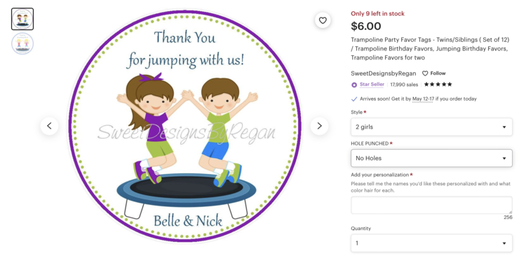 Image shows a listing for customizable trampoline themed party favor tags. Store name is SweetDesignsbyRegan.