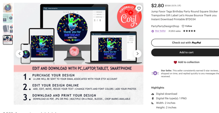 Image shows a listing for a trampoline party favor digital download. Store name is PartyPartyDesignShop.