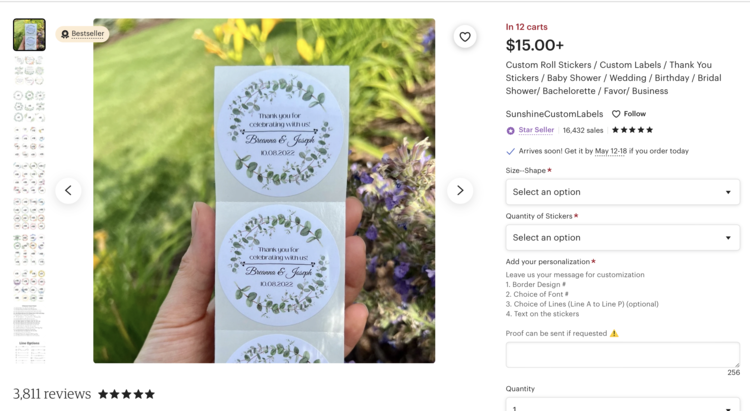 Image shows a screenshot of an Etsy listing. The image shows a thank you wedding sticker while the title says it's for, essentially, any event. It has five stars with 3,811 reviews and there's customizable options on the right. 