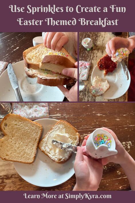 Image is themed to Pinterest showing my post title, my main website URL, and three images showing the Easter themed sprinkle toast in action. 