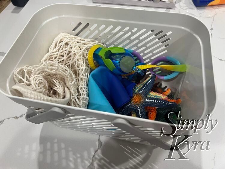 Image shows the mesh bags, goggles, cap, and diving toys all tucked inside the plastic basket.