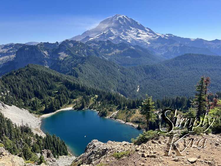 View from the top showing lake Eunice and Mount Rainier/Tahoma.