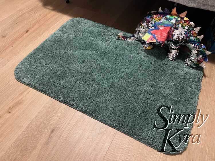 Image shows a green and blueish bath mat next to the bed with a sequined dragon leaned up on it. 