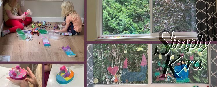 Image shows a collage of Dollar Tree toys, crafting snow globe, and drawn on windows. 