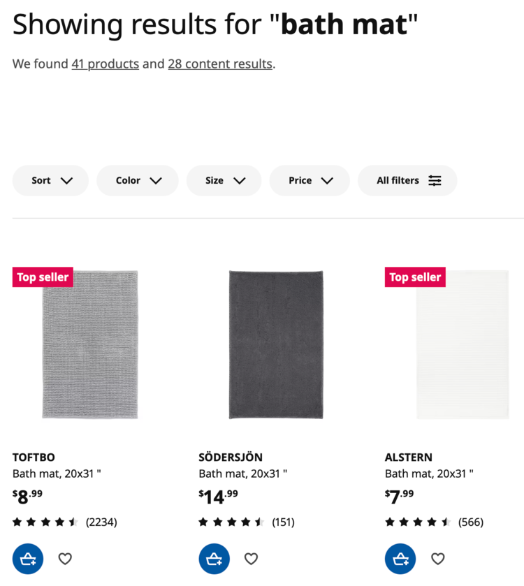 Image shows the search results for Ikea bath mats. The first three results are shown side by side ranging from $7.99 to $14.99.