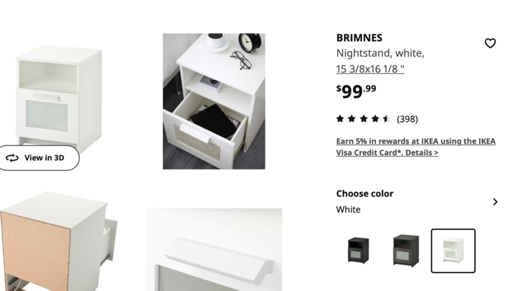 Screenshot shows four images of the nightstand to the left with the details including colors on the right. 