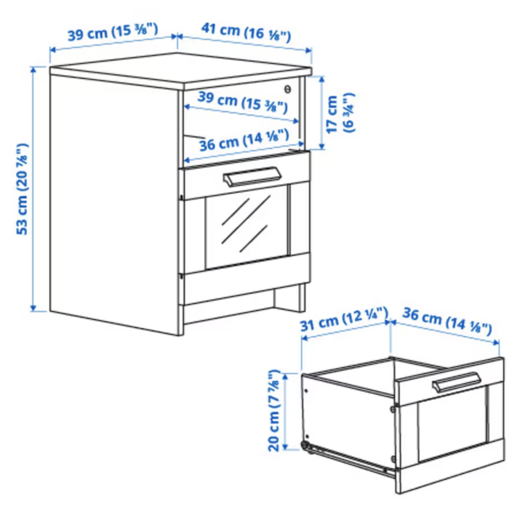 Diagram including measurements for the nightstand and its drawer. 