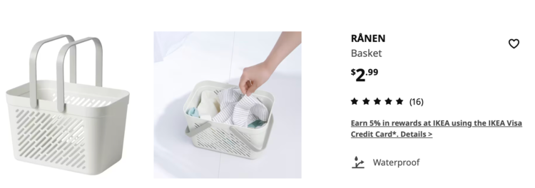 Image show the RÅNEN bath basket with two images and it's information.