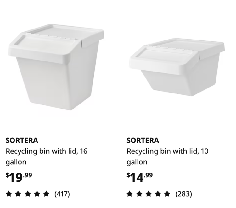Image shows the 16 and 10 gallon SORTERA recycling bins. 