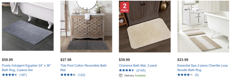 Image shows a screenshot of four side by side listings all showing one or two packs of bath rugs ranging from $23.99 to $58.99.