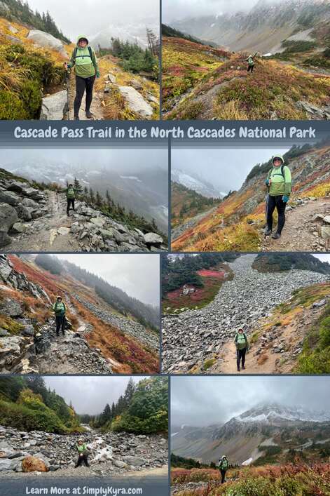 Pinterest geared collage consisting of eight images all including me and the landscape at Cascade Pass Trail. All images can be found below. The collage image also include the blog title and my main URL.
