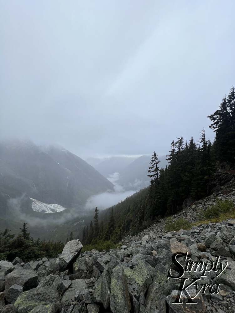 Rocks in the foreground, hilled trees in the mid ground, and glaciers and mountains in the background. The fog highlights the valley between the mountains and the clouds blur the top. 