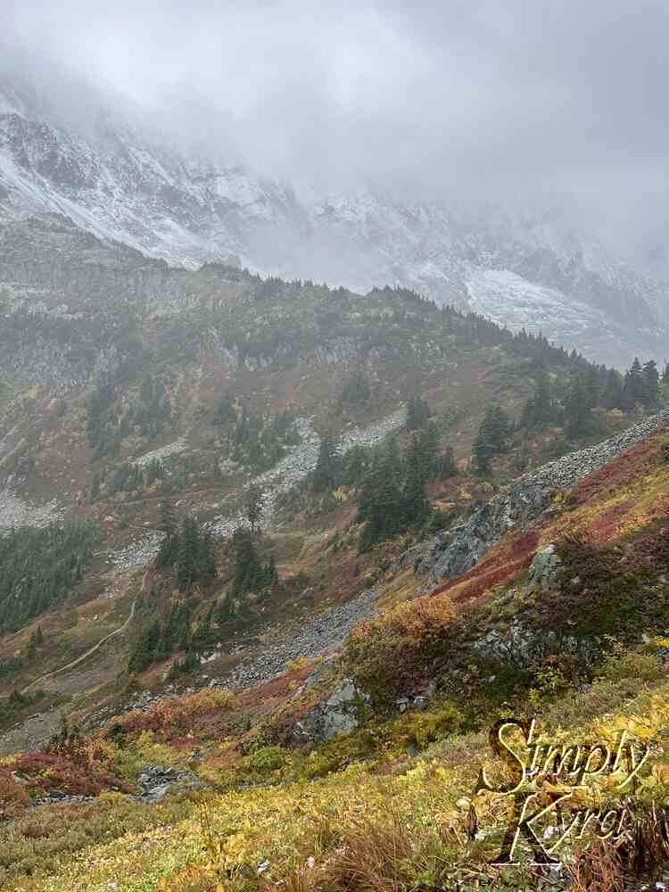 Vertical panorama showing the yellow fields then red then rock then tree topped hill. Behind it all stands a mountain fog strewn.