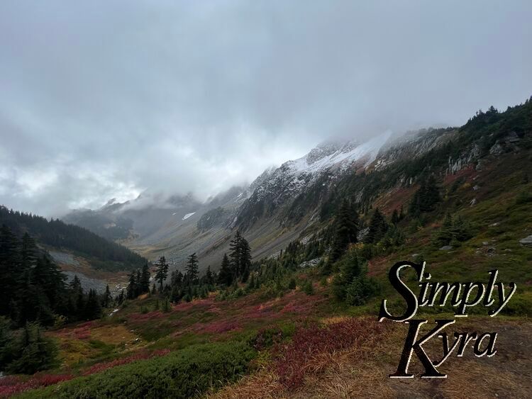 An image slightly darker to highlight the mountain and clouds in the background. In the foreground are the colorful hills of trees and grass. 