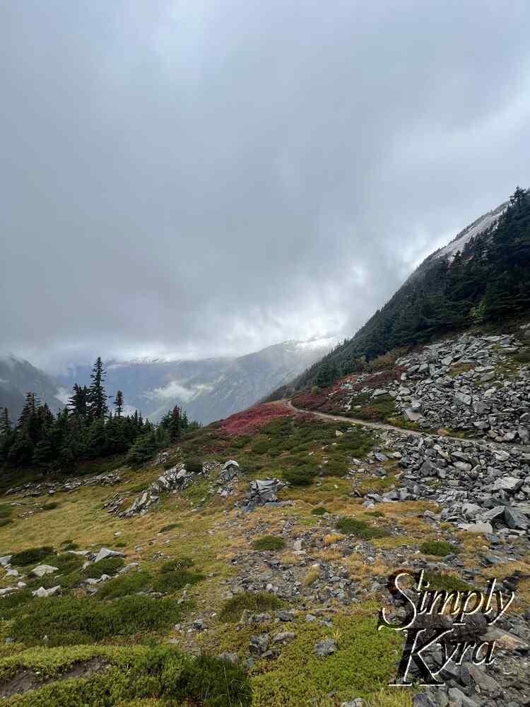 Image shows a hill of red, green, and yellow with rocks to the right cut through with the path. To the left stand some trees highlighting the foreground from the grey mountainous background. 