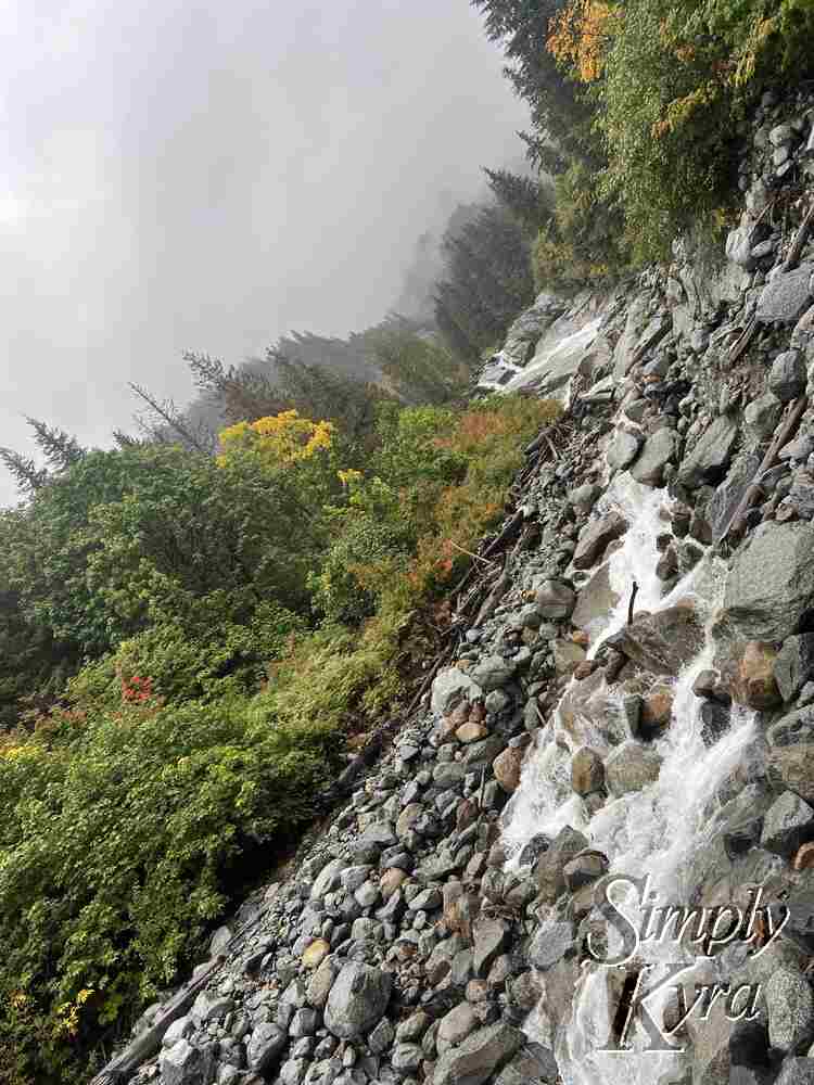 Image is slanted highlighting more of the stream coming after the waterfall. More trees are also shown along the rocky path in mostly green but with hints of yellow and red. 