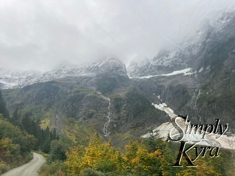 Image of the road to the left with trees in the foreground, glacier in the mid ground, and mountains in the background. 