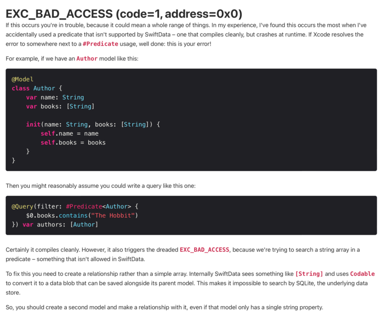 Text explaining how if EXC_BAD_ACCESS "occurs you're in trouble, because it could mean a whole range of things" and then mentioning how to fix it if it's in a Predicate. 