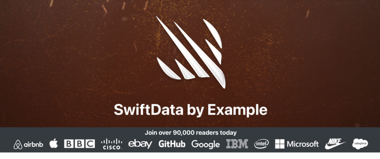 Image shows the SwiftData by Example headline image with a "Join over 90,000 readers today".