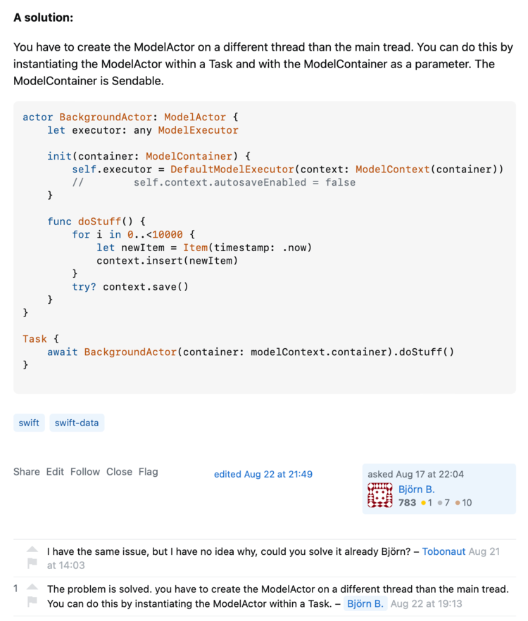 Image shows the solution part of the StackOverflow question along with its tags, two comments, and information about who asked it. 