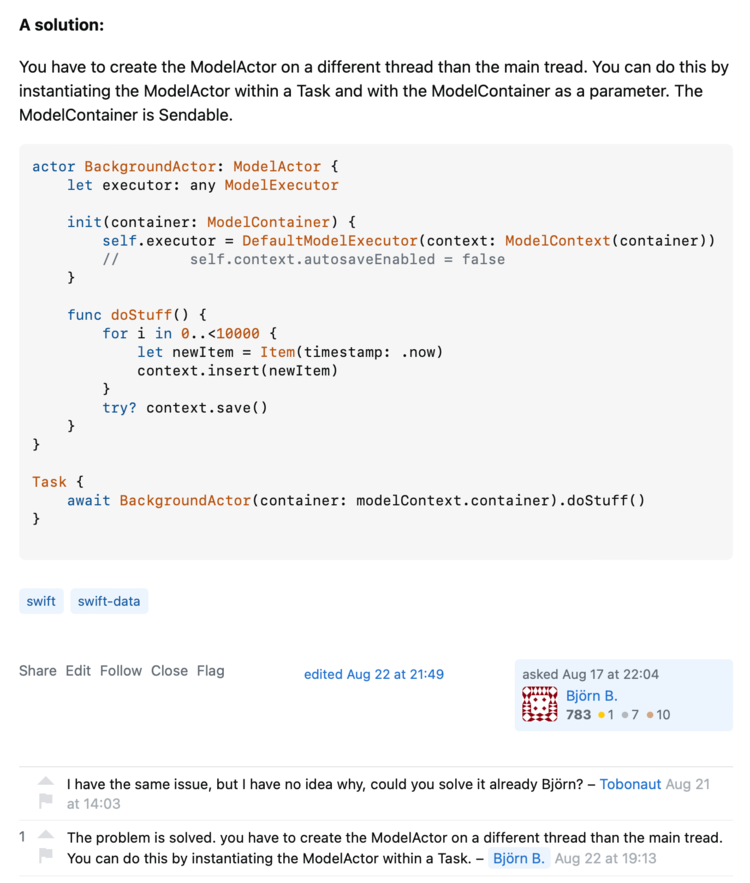 SwiftData: Solving Fatal Errors and EXC_BAD_ACCESS While Handling Entities on Different Threads