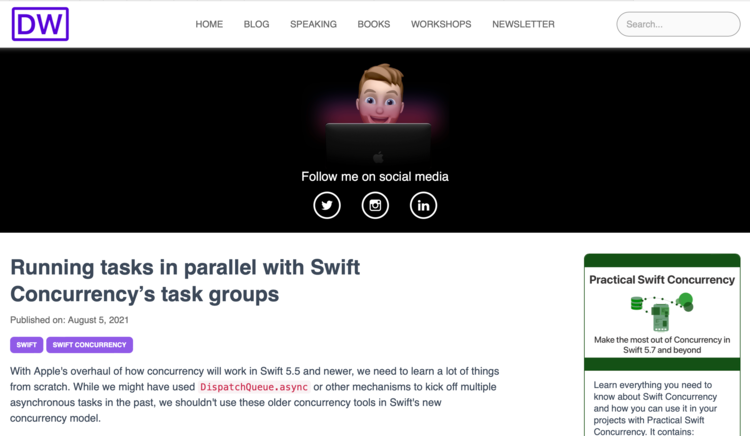 Image is a screenshot of the top the Running tasks in parallel with Swift Concurrency’s task groups post showing the website header, post cover image, and title.