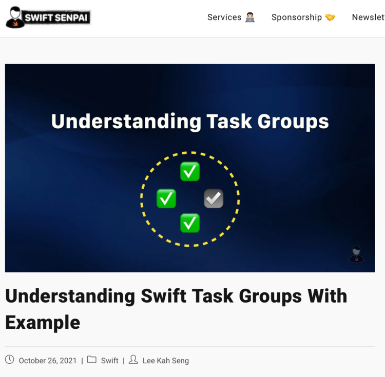 Image is a screenshot of the top the Swift Senpai's post Understanding Swift Task Groups With Example showing the website header, post cover image, and title.