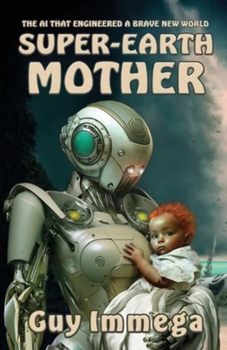 Image shows a photo of a robot holding and looking at the swaddled baby it's holding in its arms. The red haired and dark skinned child is looking out at the viewer. There's just enough space around them for a vague suggestion of a location.