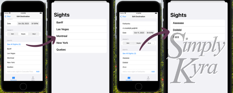 Image shows four iPhone simulators showing the different edit view and corresponding browse results for two different destinations.