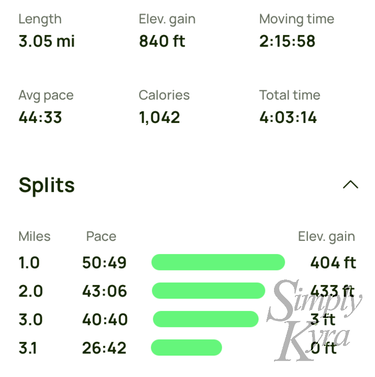 Screenshot of the total stats screenshotted from AllTrails. It shows the length, elevation gain, moving time, average pace, calories, total time, and the splits. 