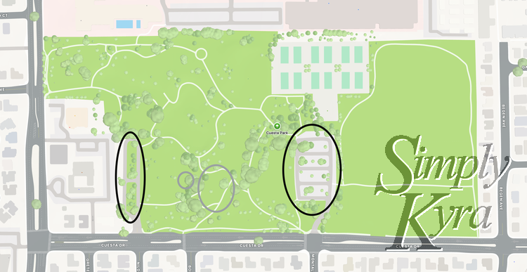 Image is a screenshot of the map of Cuesta Park marked with grey and black to show the playgrounds and parking spots.