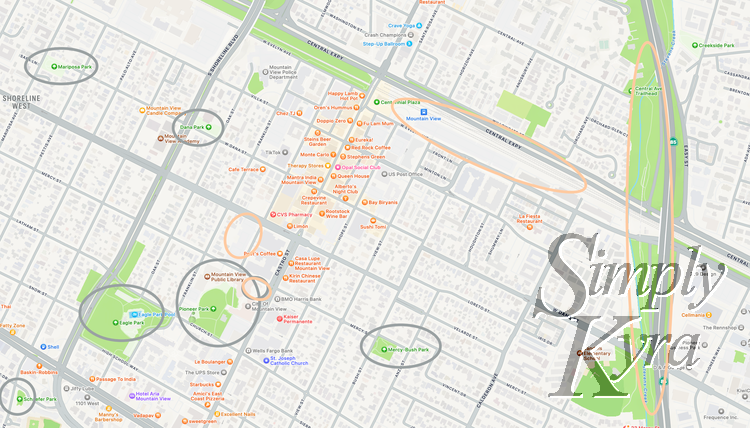 Image is a screenshot of the map of downtown Mountain View marked with grey and orange to show the playgrounds and interesting spots.