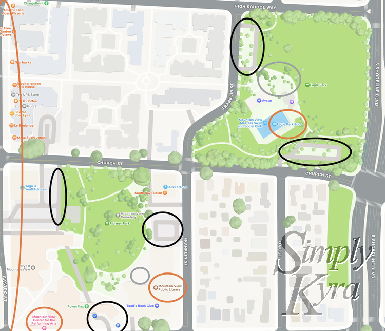 Image is a screenshot of the map of both Eagle and Pioneer Park marked with grey, black, and orange to show the playgrounds, parking spots, and interesting spots.