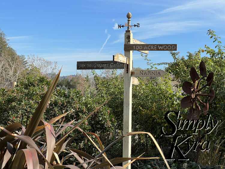 A wooden post showing some fictional locations with a weather vane at the top.