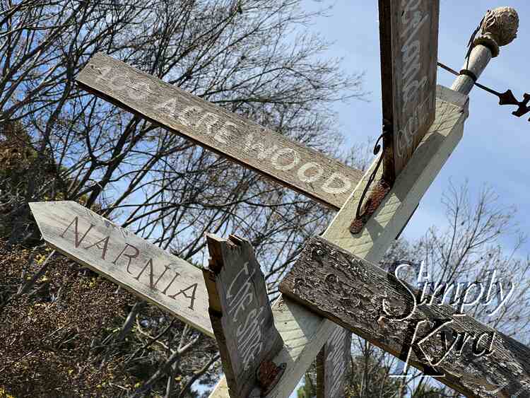 A wooden post showing some fictional locations with a weather vane at the top.