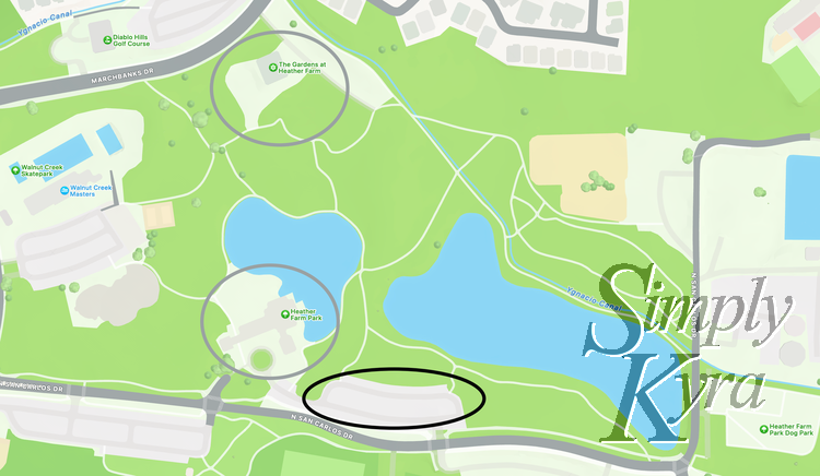 Image is a screenshot of the map of Heather Farm Park marked with grey and black to show the playgrounds and parking spots.