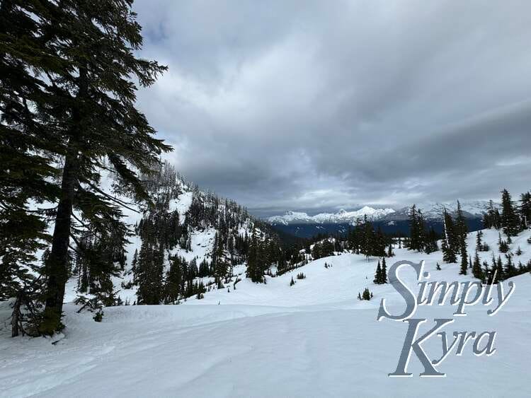 A clear path with snow with trees to the left and in the background along with mountains and clouds. 