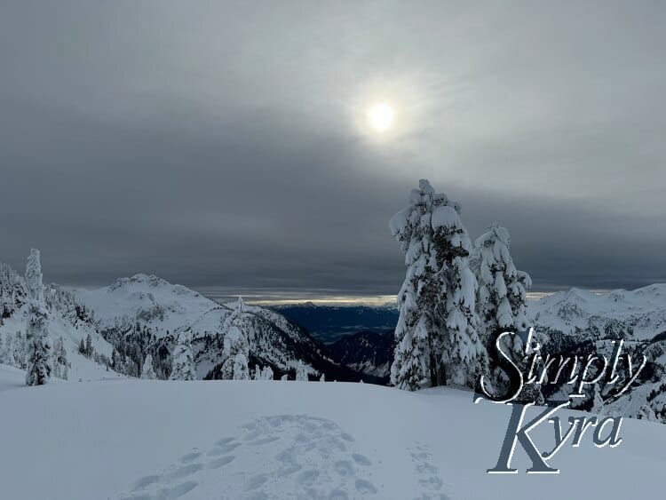 Some stomped down snow on a hill with picturesque snowy trees, hills, mountains, and the sun through the clouds.