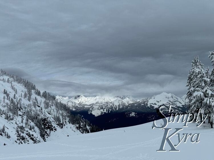 Snowy hill in the foreground, trees in the middle range, and mountains in the background.