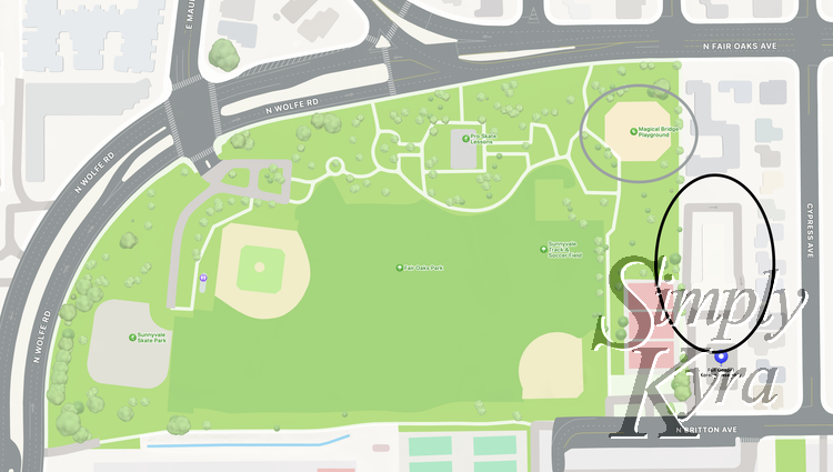 Image is a screenshot of the map of Fair Oaks Park marked with grey and black to show the playgrounds and parking spots.