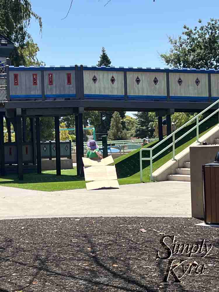 Image shows Zoey running away under the bridge holding a sheet of cardboard behind her. 