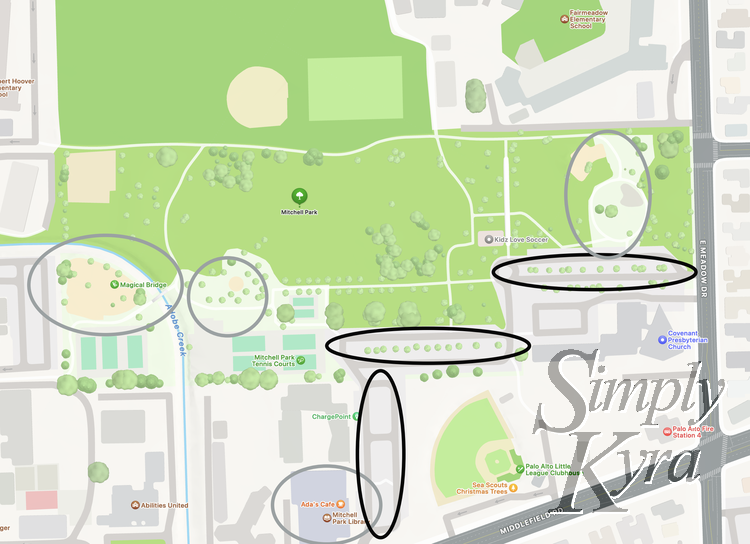 Image is a screenshot of the map of Mitchell Park marked with grey and black to show the playgrounds and parking spots.