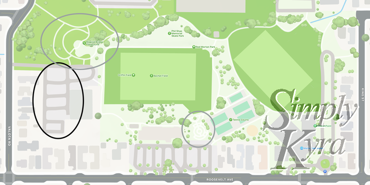 Image is a screenshot of the map of Red Morton Park marked with grey and black to show the playgrounds and parking spots.