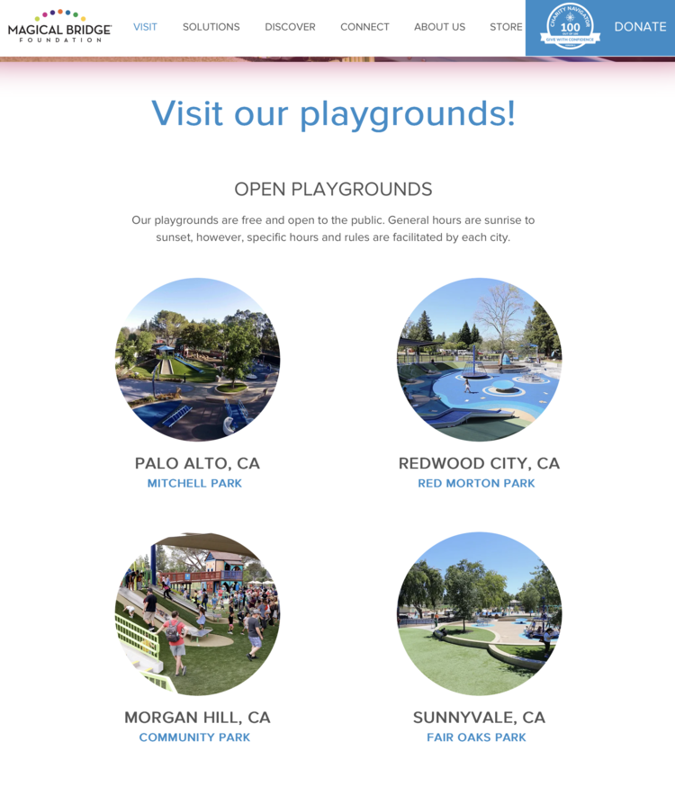 Screenshot from their website showing the four main open community playgrounds: Palo Alto, Redwood City, Morgan Hill, and Sunnyvale. 